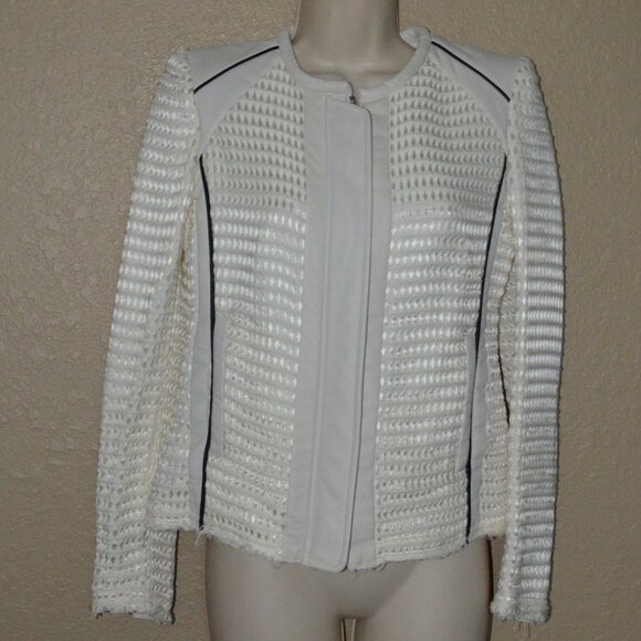 NWOT Sz 38 4 IRO Giana Leather Trim White Knit Zip Up Jacket - Picture 1 of 6